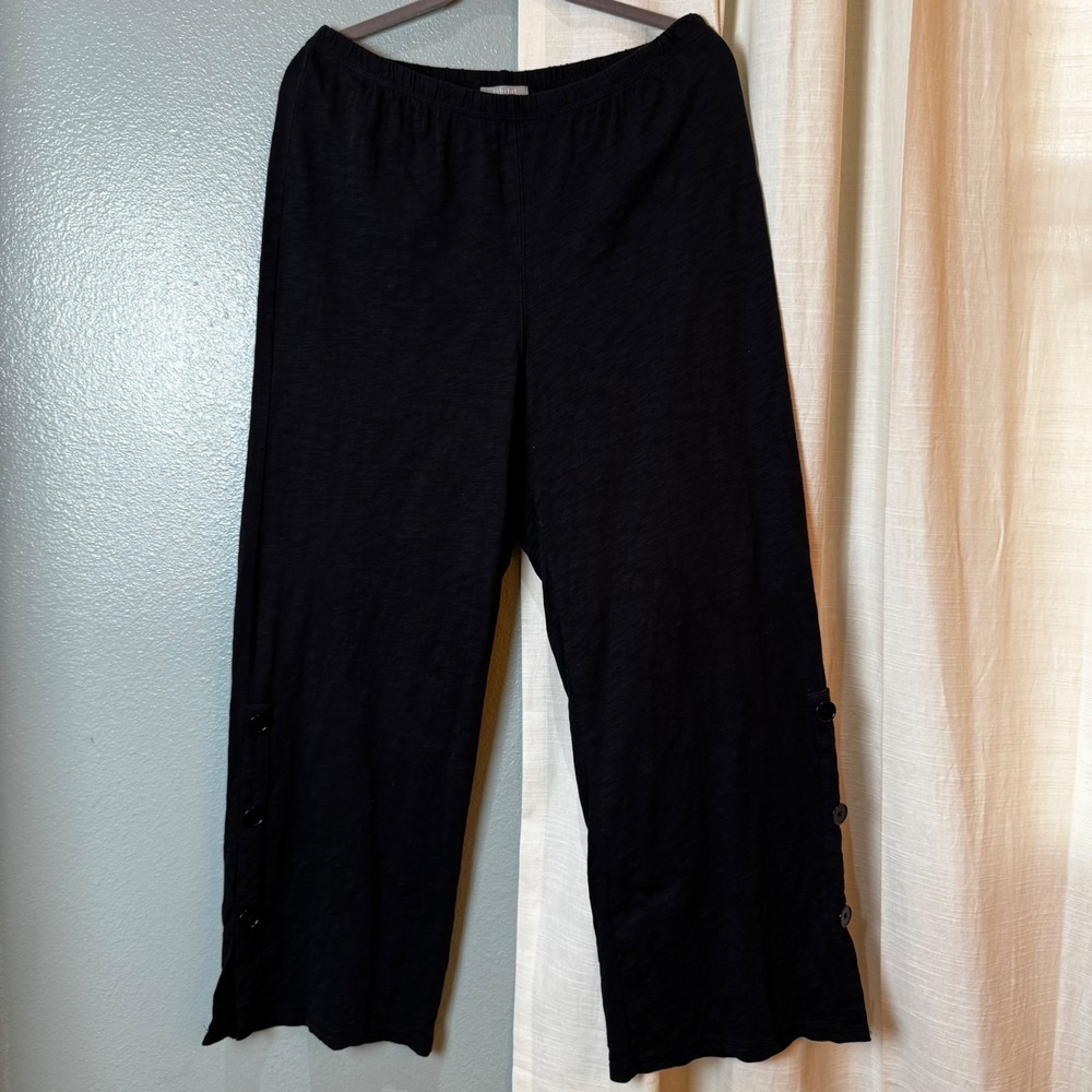 Habitat Pants Womens L Black Slub Knit Cropped Wide Leg Button Hem Casual Pants